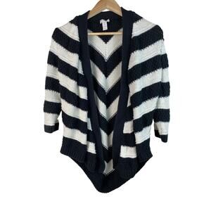 Chico's Women's‎ 2 Black Cream Striped Open Shark Bite Hem Cardigan Sweater*